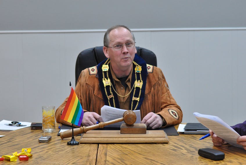 Wearing his aboriginal regalia jacket to honour Stephenville and the Bay St. George area being an indigenous land for Mi'kmaq people, Mayor Tom Rose is seen talking about a sizeable donation and grant the Stephenville town council approved to the Stephenville Theatre Festival during Thursday's council meeting.