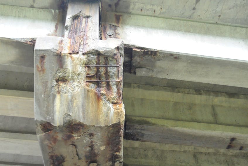 A couple of areas of the Riverside Drive overpass leading from the Lewin Parkway and the Humber Road/Main Street intersection in Corner Brook have been crumbling concrete and exposed reinforced steel.