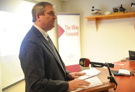 Fisheries and Land Resources Minister Gerry Byrne offers gratitude to Crown lands office staff in Corner Brook during a press conference Wednesday morning.