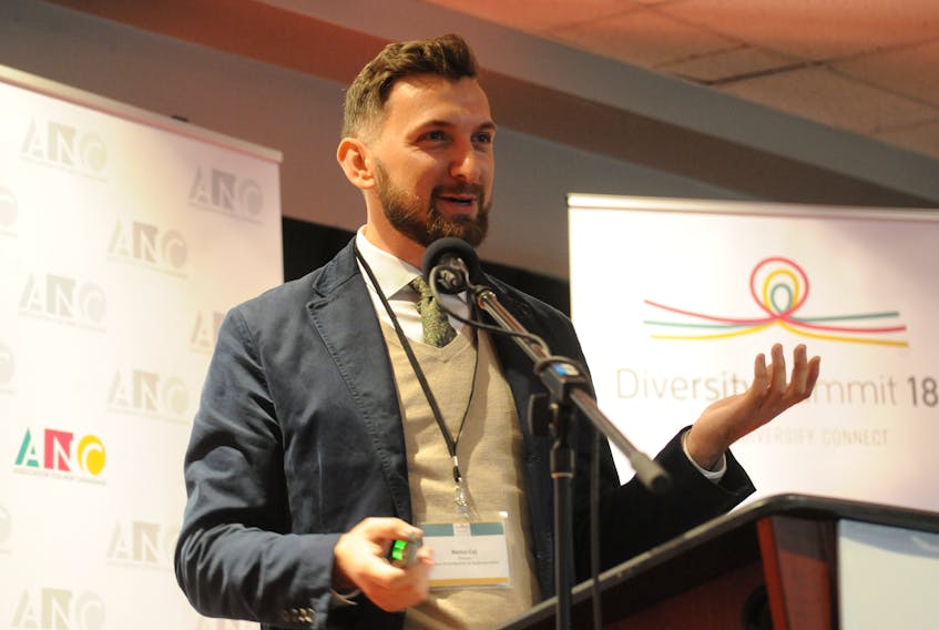 Remzi Cej, director of the Office of Immigration and Multiculturalism with the provincial Department of Advanced Education, Skills and Labour, speaks during Diversity Summit 2018 in Corner Brook Tuesday morning.