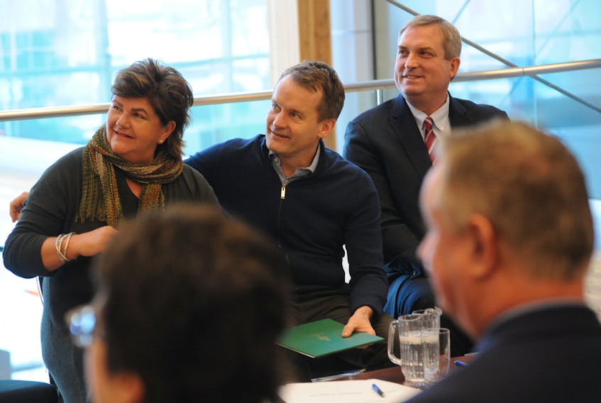 On hand for Thursday’s fisheries funding announcement in Corner Brook were, from left, Gudie Hutchings, the Liberal Commons member for Long Range Mountains; federal Veterans Affairs Minister Seamus O’Regan and provincial Fisheries and Land Resources Minister Gerry Byrne.