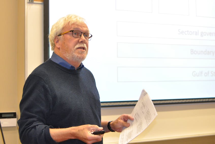 Peter Clancy of St. Francis Xavier University in Nova Scotia talked about research he's been going Gulf of St. Lawrence cod at a Coastal Matters session at Grenfell Campus in Corner Brook on Thursday.