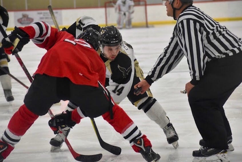 Deer Lake’s Thomas Chaulk (No. 14) in action for the Tri-city IceHawks earlier this year.