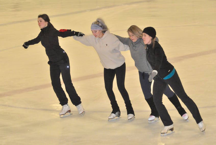 Members of the Silver Silhouettes, the Adult 1 division entry from the Silver Blades Figure Skating Club, from left, Michaela Foster, Jadyn Barron, Sonya Chow, and Ashley Sheppard get in a practice session Monday night at the Kinsmen Arena II in advance of the 2019 Skate Canada Newfoundland and Labrador Synchronized Skating Championships taking place Friday and Saturday at the Corner Brook Civic Centre.