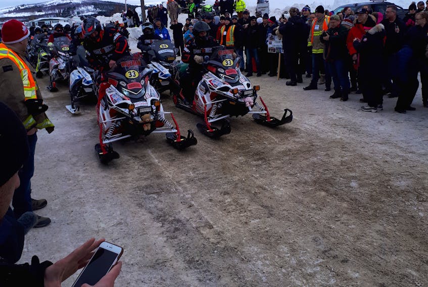 Sheldon Wiseman and Brian Seaward are shown here at the start line of the 2018 Cain's Quest snowmobile endurance race in Labrador City. They are two of several riders from the west coast who are competing in the event.