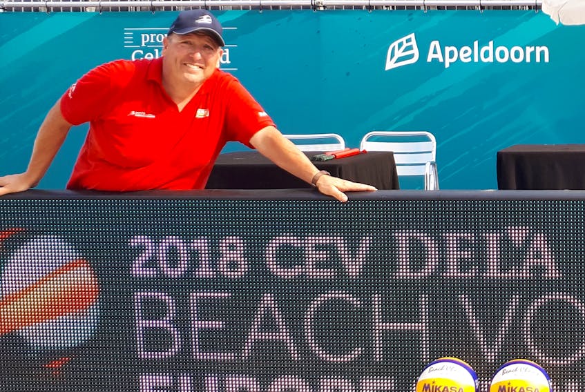 Finton Gaudette is seen here at the European beach volleyball championships in the Netherlands during the summer of 2018. He was the court as court manager in the city of Appeldorn for the event.