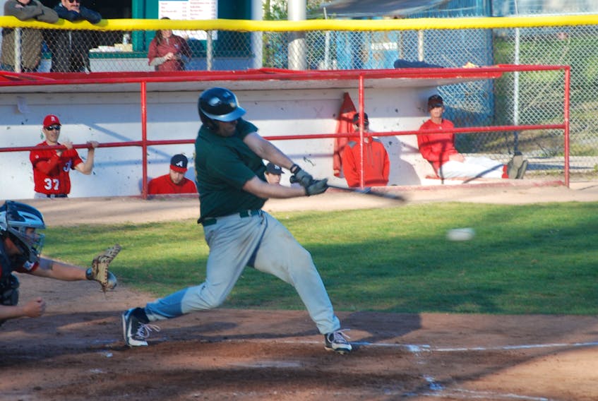 Veitch's Ultramar Hawks' Jason Baker couldn't connect on this swing at the ball during the first inning of Thursday night's Corner Brook Molson Senior Baseball League game versus the Veitch Physiotherapy Aces at Jubilee Field.