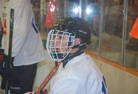 Cody Drover of Port aux Basques takes a breather during a drill at the provincial 16U male hockey session Wednesday at the 2018 Hockey Newfoundland and Labrador High Performance Program camp held at the Corner Brook Civic Centre this week.