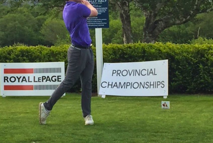 Andrew Bruce follows through on his swing at the 2018 Royal LePage Provincial Amateur Championships at Bally Haly Country Club on Monday.