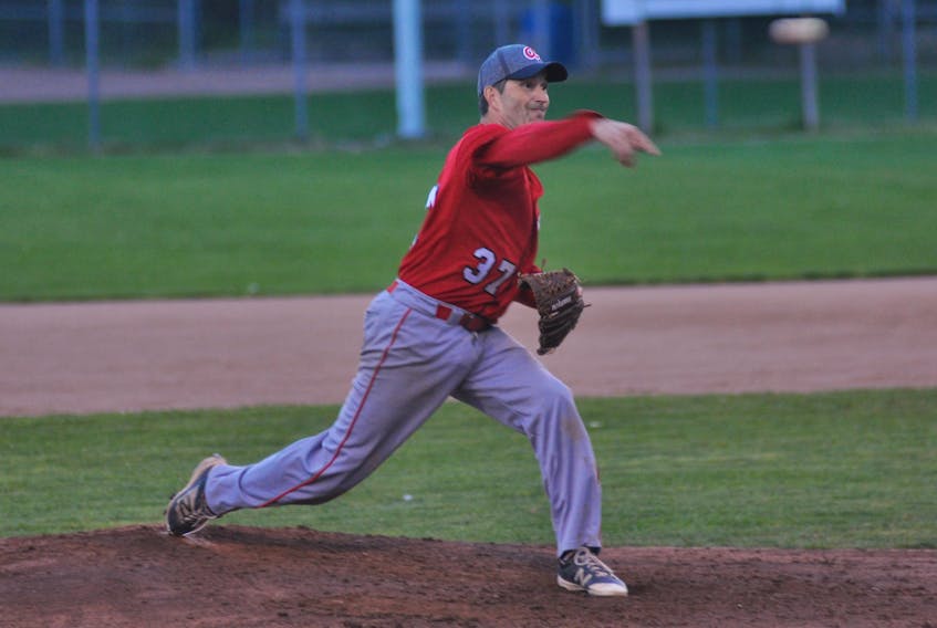 Veitch Wellness Aces' Alvin Lafitte delivers a pitch during early-inning action against the Wing'n It Marlins in Corner Brook Molson Senior Baseball League play at Jubilee Field.