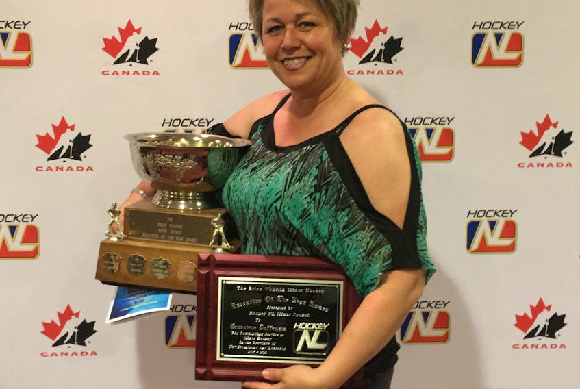 Genny Duffenais of Stephenville is the winner of the 2018 Brian Wakelin Executive of the Year Award with Hockey Newfoundland and Labrador. Duffenais received her award at the HNL annual general meeting and awards banquet Saturday night in Gander.