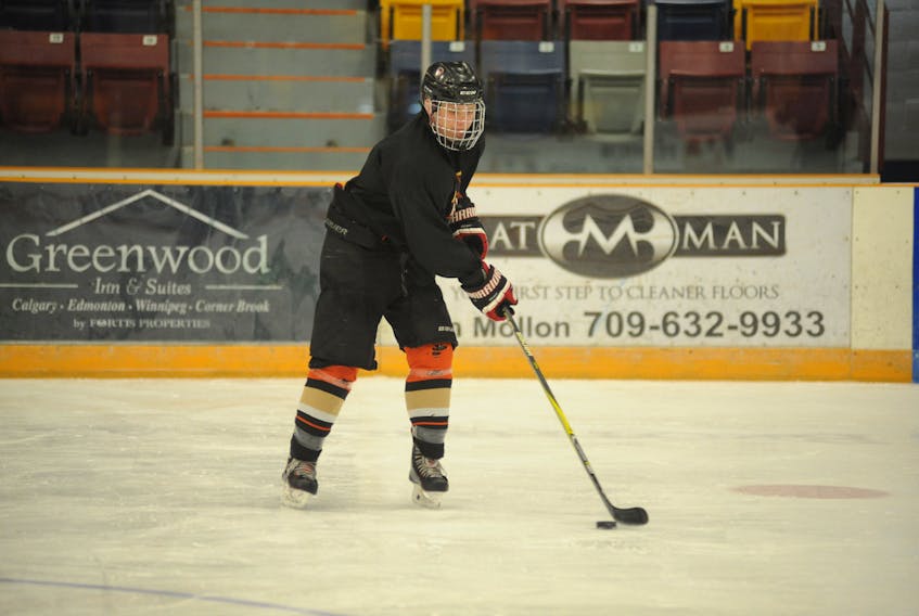 Western Kings’ Lucas Robinson is shown during team practice Wednesday night at the Corner Brook Civic Centre.