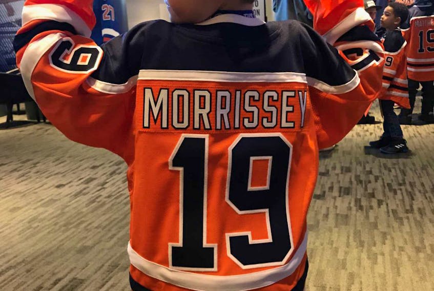 An exciting day for Corner Brook native, William Morrissey, as he became an Edmonton Oiler for a day recently. William, age 6, won a contest sponsored by Boston Pizza to become an Edmonton Oiler.