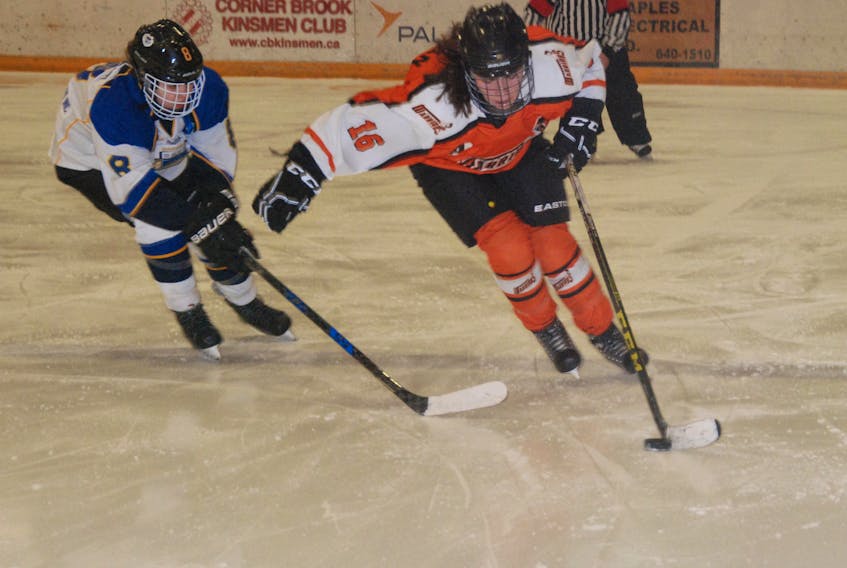A member of the Western Warriors AAA bantam female team competes during provincial action at the Corner Brook Civic Centre during the 2017-2018 season.