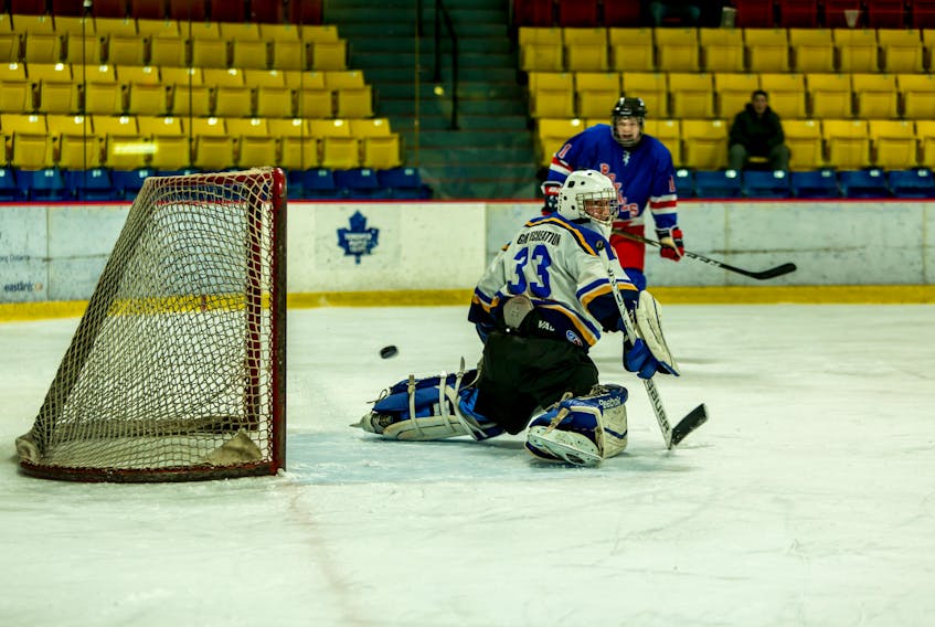 Stephenville Jets goalie Ryan Hancock has seen a lot of rubber this season as the team’s last line of defence.