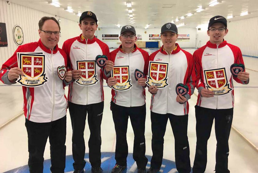 Members of the team include, from left, coach Dennis Bruce, lead Nathan King, second Daniel Bruce, third Ryan McNeil Lamswood, and skip Daniel Bruce.