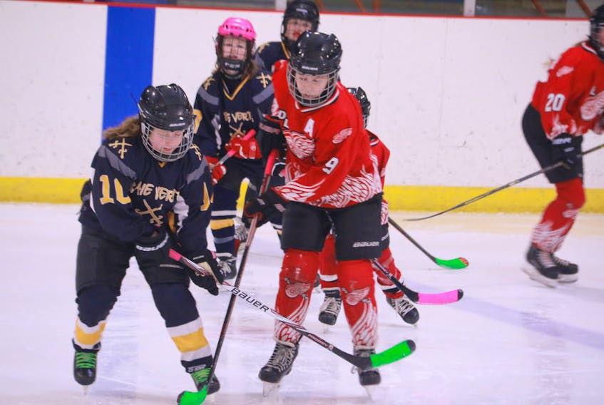 Bridgette Gillard of the Deer Lake Red Wings battles with Skye Penney of the Baie Verte Sabres for a loose puck during a round-robin game at the Deer Lake U12 female invitational hockey tournament held at the Hodder Memorial Recreation Complex as part of Minor Hockey Week celebrations.