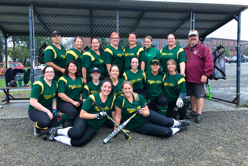 Members of the winning team are, from left, (front) Katie Evans and Robin Ellsworth; (middle) Faith Lidstone, Kathy Lukeman, Danielle Hurley, Sabrina Cotton, Jill Chaulk, Joey Michel, and Wendy Parsons; Back, Melanie Powell, Mary Park, Tracy Coles, Peggy Colbourne, Coolene Brake, Cassaundra Park, Angela Martin, and coach Lenny Benoit.