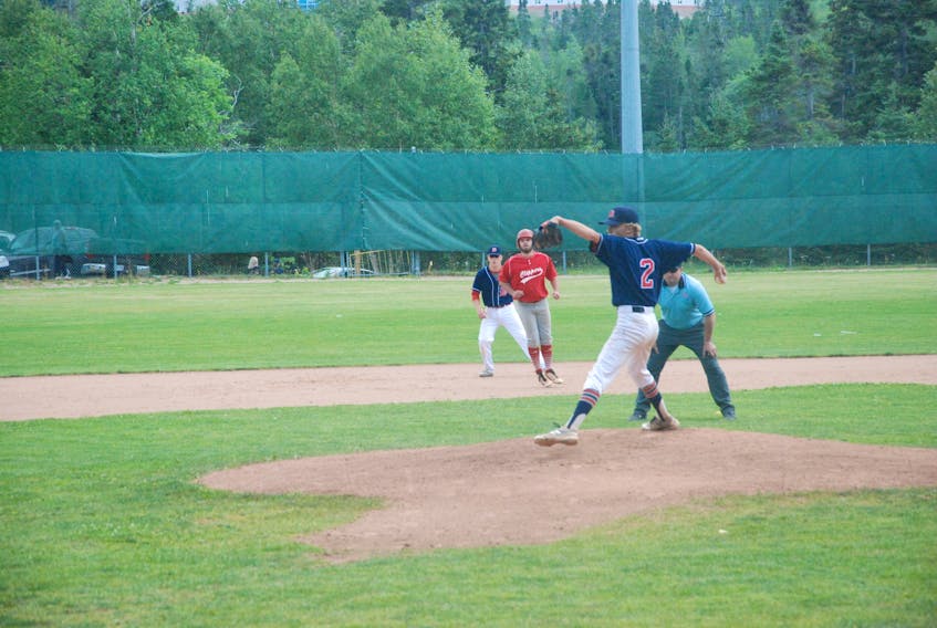 Aaron Flood delivers a pitch for the Corner Brook Barons against the Cardigan Clippers in a round-robin game at the 2018 Baseball Atlantic 18U AA Championship Saturday morning at Jubilee Field in Corner Brook.