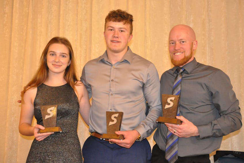 Recipients of Stephen Awards for athlete of the year pose for a photo with their Stephens at the Royal Canadian Legion Branch 35 on Sunday including from left: Shilo Chislett, Junior Female Athlete; Nick Butt, Junior Male Athlete; and Michael Hawco, Senior Athlete.