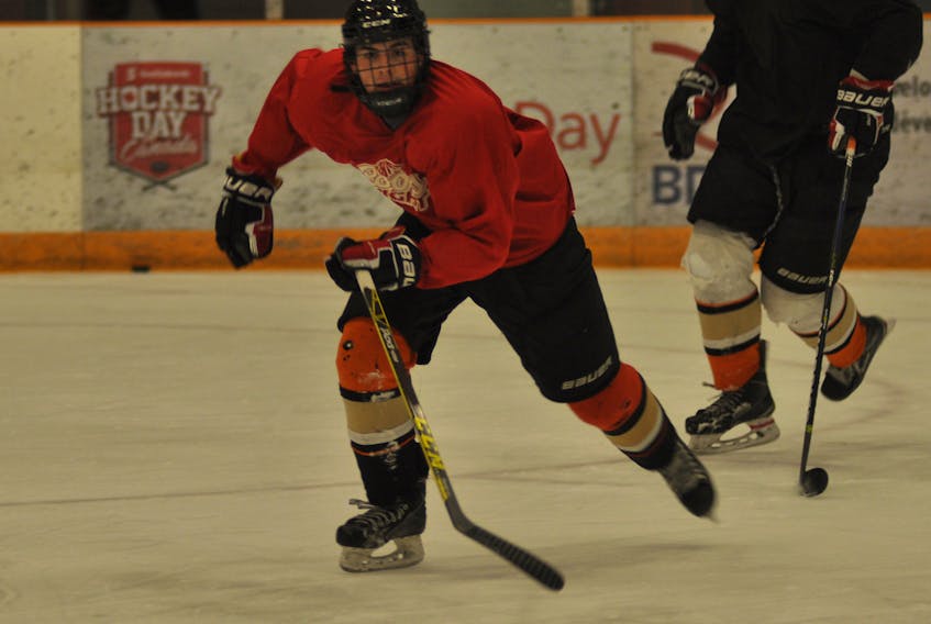 Western Kings’ Noah Legge is shown participating in a drill during team practice at the Corner Brook Civic Centre on Wednesday night.