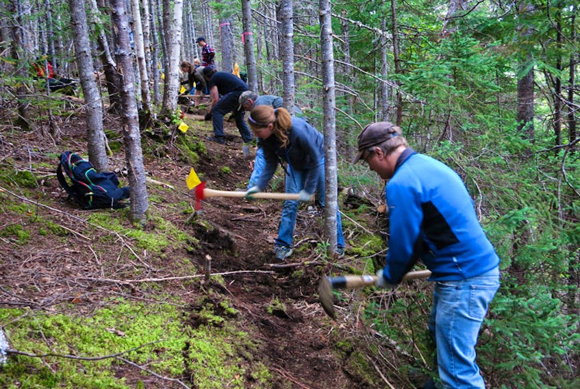 Volunteers are seen working on the mountain bike trail system that the West Coast Cycling Association is hoping will one day be an international riding destination. The goal is to build a 50-km trail network that winds it way through the Humber Valley and western Newfoundland.