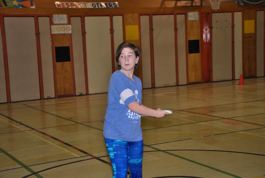 Mackenzie Coles was one of the Grade 6 students in Corner Brook who checked out an introductory session on ultimate Frisbee Tuesday afternoon at C.C. Loughlin School in Corner Brook.