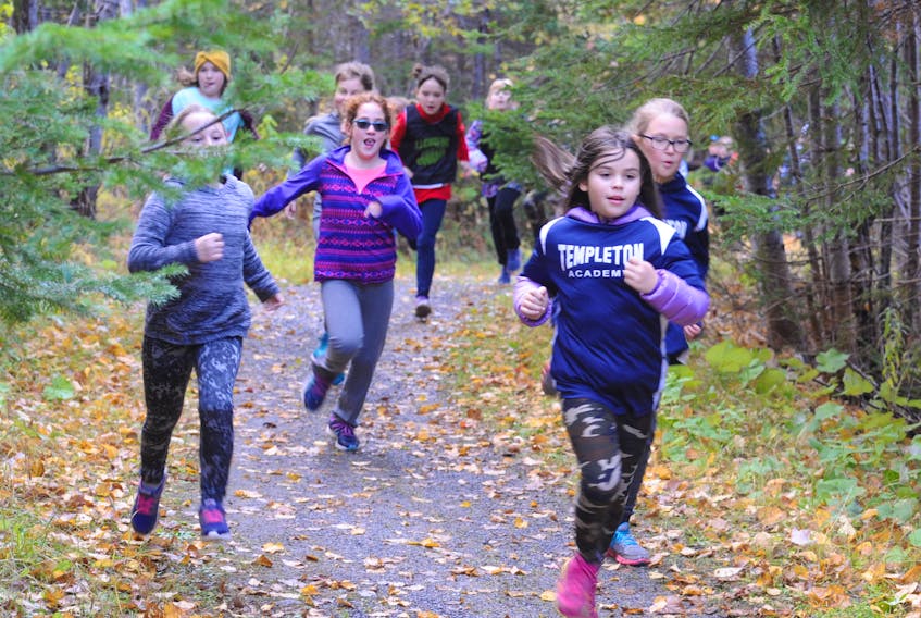 Grade 4 boys and girls scoot through the ParticiPark trails in Corner Brook in separate races during an elementary school cross-country running meet in Corner Brook Wednesday afternoon. The race, organized and hosted by St. Peter's Academy of Benoit's Cove, featured six races with boys and girls categories in the Grades 4, 5 and 6 levels from schools in the Corner Brook and Bay of Islands area. The top three finishers in each race took home a medal for their accomplishments.