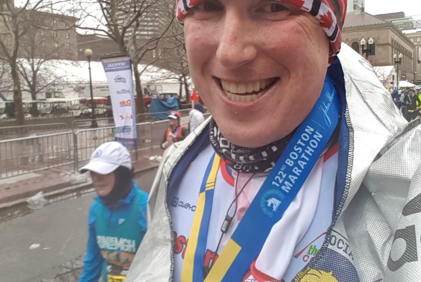 Corner Brook native Blake Crossley was a happy camper after crossing the finish line at the 2018 Boston Marathon on Monday afternoon. He put his body through torture in his desire to support a young girl who has a rare disorder running as a charity entry for a group called National Organization for Rare Disorders.