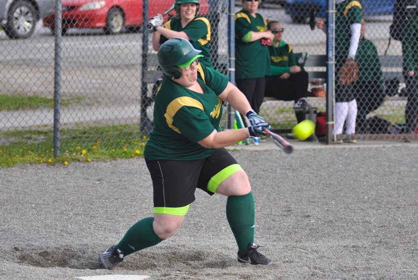 Whelan's Gate's Peggy Colbourne makes solid contact with the ball during a Corner Brook Molson Ladies Fastpitch Softball League game against the West Side Monarchs at Ambrose O'Reilly Memorial Field on Wednesday evening.