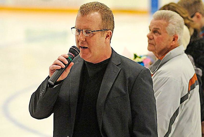 Darren Colbourne is seen here delivering his speech during his jersey retirement ceremony recognizing his stellar career with the Corner Brook Royals.