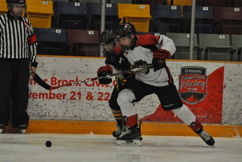 Benoit's Cove native Jesse Hickey is seen working along the boards for the Western Kings AAA bantam hockey team in this Star file photo from the 2016-2017 season.