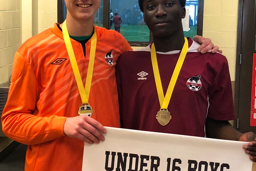 Corner Brook's Nathan Brake, left, and Ayo Owolabi helped Newfoundland and Labrador win gold at the 2018 Atlantic U16 male soccer championship held in Halifax over the weekend.