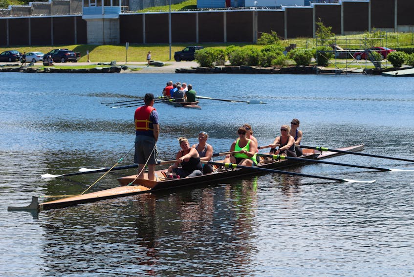 Crews of all levels were working hard, getting in final practice sessions on Monday afternoon at Quidi Vidi Lake for the 200th anniversary Royal St. John’s Regatta. Here, two crews are on the pond, including one getting final instructions from the coxswain.