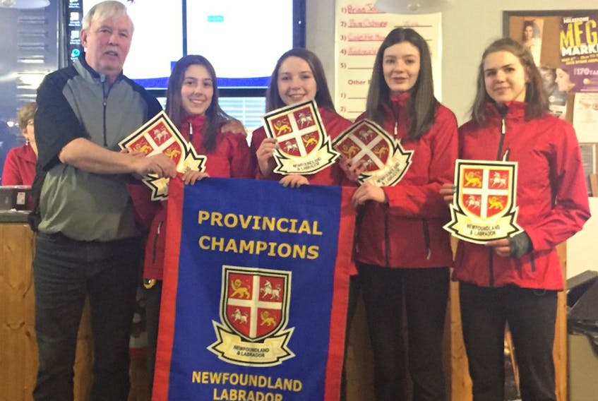 Members of the provincial championship winning team, from left, are coach Gary Oke, MacKenzie Mitchell, Sarah McNeil Lamswood, Mikayla O'Reilly, and Ainsleigh Piercey.