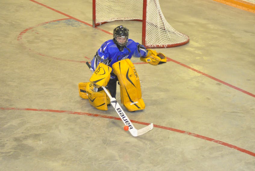 Luxury Limo Curling Rangers goaltender Adam Hicks deflects an incoming ball away from his crease during men's ball hockey league playoff action Tuesday night at the Corner Brook Civic Centre. The Rangers won Game 1 of the best-of-five A Division final 5-3.