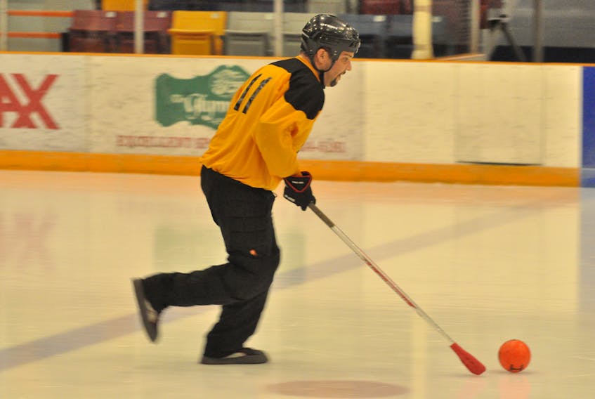 Cory Rideout is shown in action with the West Side Monarchs of the Corner Brook Molson Men’s Broomball League at the Corner Brook Civic Centre on Monday night.