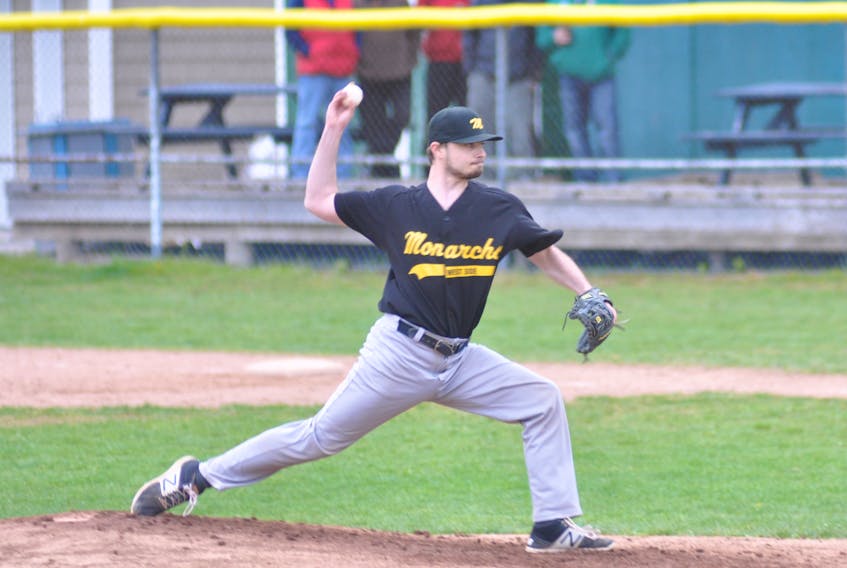 West Side Monarchs' Travis Taylor delivers a pitch during Corner Brook Molson Senior Baseball League action versus the Wing'n It Marlins at Jubilee Field on Tuesday evening. Taylor recorded a no-hitter in the win.