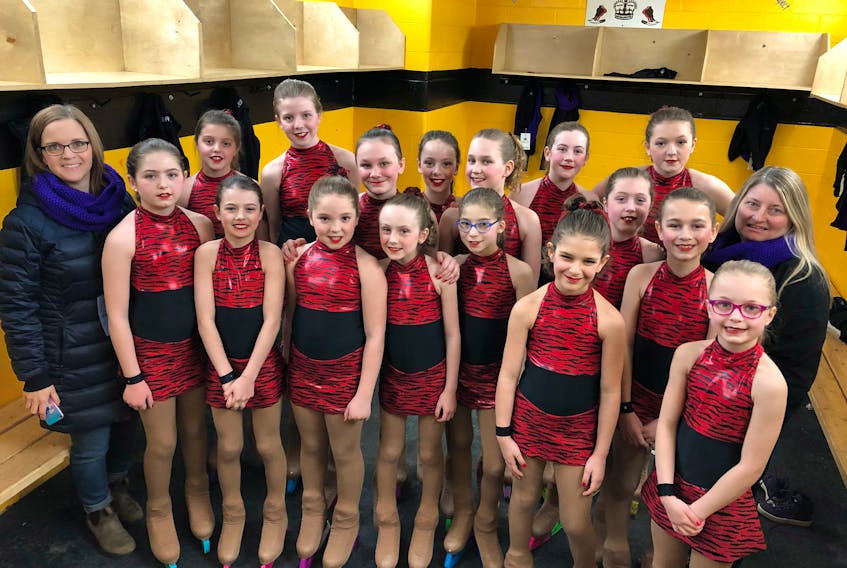 The Silver Sparkles earned silver medals in the beginner team division. Pictured are, from left, (front) coach Stephanie Dawe, Taylor Seymour, Sophia McKenzie, Madison Pike, Ava Baker, Sophie Swift, Destine Brake, Emma Sutton, and Olivia Dawe; (back) Hailey Kendall, Annabella Kendall, Ava Ingram, Alex Ford, Kayla Barry, Kaitlyn Coade, Bridget Mercer, Sydney Caines, and coach Yvette Target.
