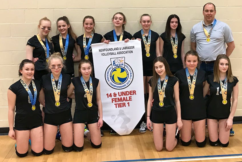 The Corner Brook Intermediate Storm Black won the Tier 1 championship at the Newfoundland and Labrador Volleyball Association's 14U female provincials over the weekend. Members of the winning team include, from left, (front) Alex Buckle, Kristen Parsons, Marisa Jacobs, Rebecca Bennett, Kaitlyn Lushman, and Heidi Locke; (back) Laura Taylor, Megan Williams, Charlotte Sweetapple, Cali Breen, Kylie Matthews, Carmie O`Reilly, and coach Scott Bennett.