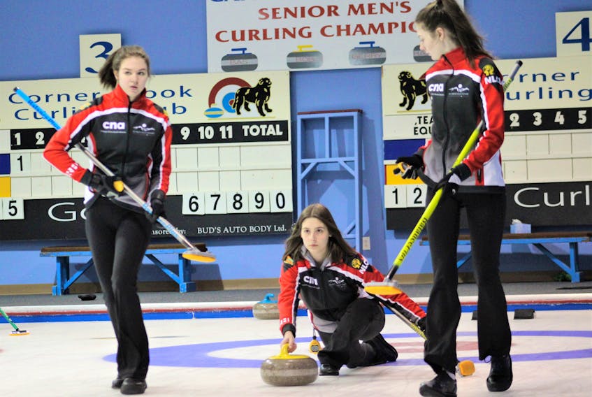 Andrew Aylward photo

Corner Brook Curling Club’s Mackenzie Mitchell, centre, releases her rock while flanked by teammates Ainsleigh Piercey, left, and Mikayla O’Reilly during U18 provincial championship play Saturday at the Corner Brook Curling Club.