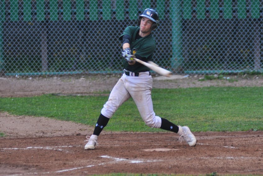 Veitch's Ultramar Hawks' Lucas Park makes contact with a pitch during a senior baseball league game against the Wing'n It Marlins Tuesday evening at Jubilee Field.