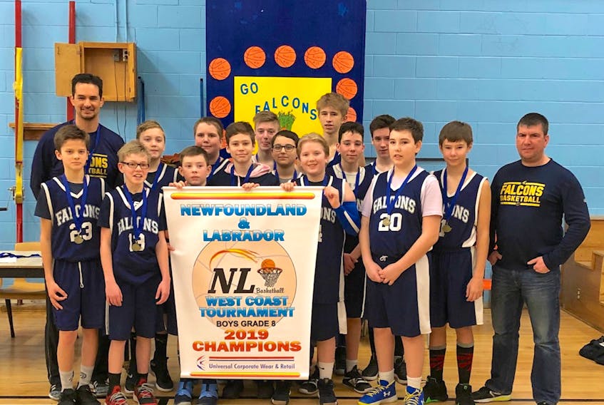 The Pasadena Academy Falcons defeated Exploits Valley High 47-32 to win the 2019 West Coast Grade 8 provincial tournament. Team members include, front, from left: Liam Keefe, Jack Ryland, Josh Garnier, Tanner Rumbolt, Chase Kendell, Daniel Sharpe, Isaac Morton, Caleb McLeod, Sam Tetford, coach Derek George, (back) coach Don Keefe, Riley Humber, Ethan George, Ethan Howell, Connor King and Ethan Loder.