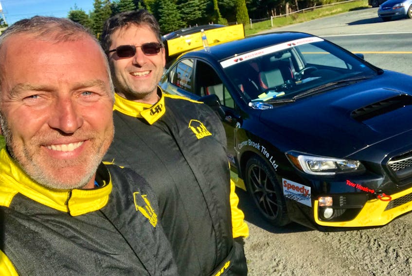 Driver Darren Brake and navigator Herb Johnson pose for a photo in front of Brake's 2017 Subaru WRXSTI. The two Corner Brook natives teamed up to win top honours in the Grand Touring division at the 2018 Targa Newfoundland.