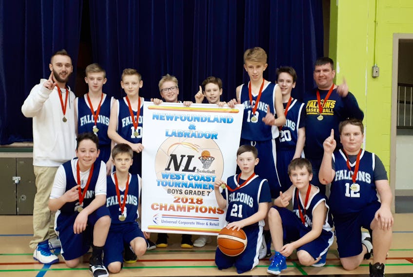 The Pasadena Falcons boys' basketball team won its first west coast provincial tournament last weekend with a resounding 41-21 win over the host Grand Falls-Windsor team in the final. The Falcons went undefeated throughout the tournament by posting 33-14 and 33-13 wins over Gander and Westport in the round robin, followed by a 45-25 win over Corner Brook in the cross-over. This is the first Grade 7 west coast provincial win for the Falcons. Members of the team include, front, from left: Isaac Morton, Liam Keefe, Josh Garnier, Kolbe Roberts, Ethan George, back, coach Kevin Farrell, Ethan Howell, Spender Caines, Daniel Sharpe, Tanner Rumbolt, Connor King, Ethan Loder and coach Derek George.