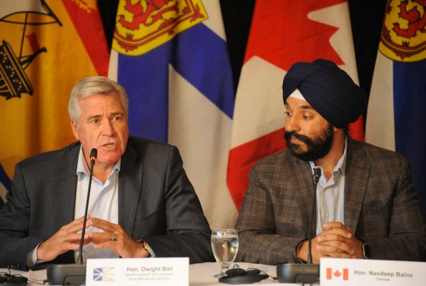 Newfoundland and Labrador Premier Dwight Ball and federal Innovation, Science and Economic Development Minister Navdeep Bains discuss the latest developments with the Atlantic Growth Strategy at a news conference at Humber Valley Resort in western Newfoundland Tuesday afternoon.
