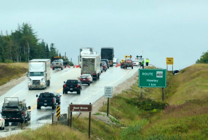 Traffic was delayed for hours after a two-vehicle accident near Howley Junction on the Trans-Canada Highway Wednesday.