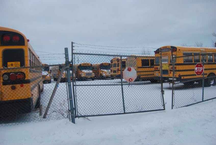 These buses were idle in Stephenville on Monday as the English School District suspended the contract with C-Mac Construction, which operates a total of 16 buses in Deer Lake and Stephenville.