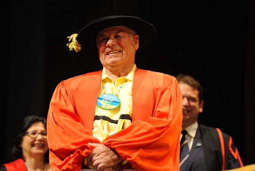 Mi’kmaq elder Calvin White smiles moments before being bestowed with an honorary doctorate of laws degree at the Grenfell Campus, Memorial University convocation in Corner Brook Thursday morning.