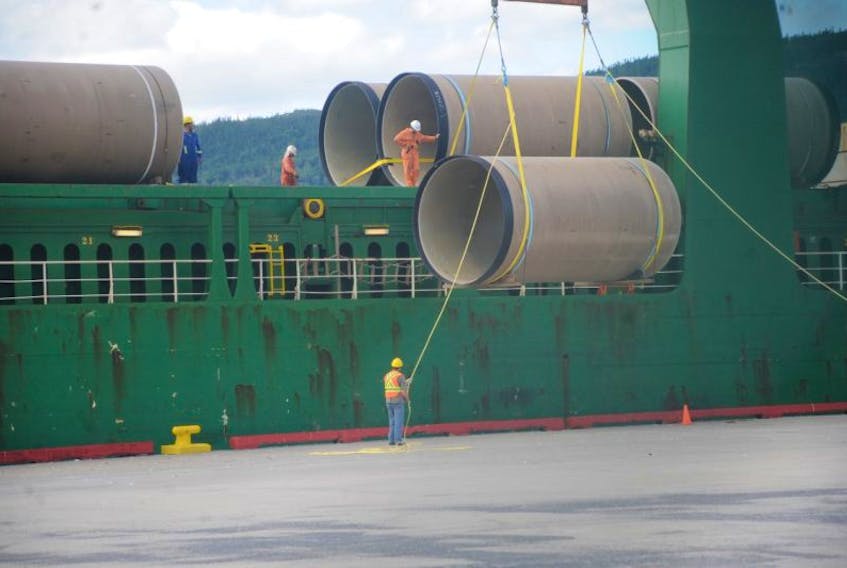 Deer Lake Power will be using more of these fibre-reinforced concrete cylinders to replace another penstock at its hydroelectricity plant this summer. This photo is from a shipment that was delivered at the port of Corner Brook in 2014.